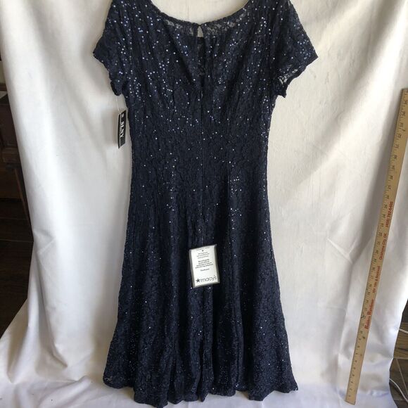 NWT SLNY Semi-Formal Navy Fluted Skirt, Short Sleeve, Midi Sequins Gown Size 6 - Picture 3 of 10